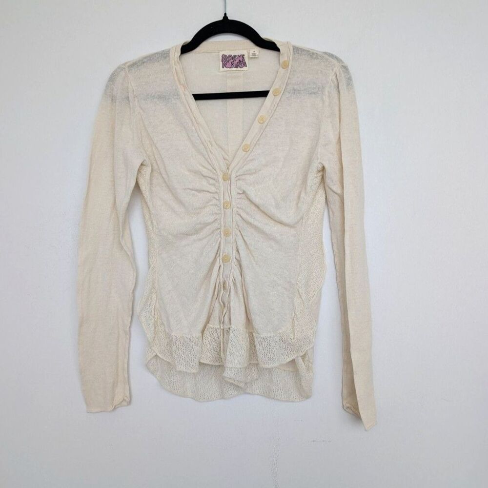 Rosie Neira Anthropologie Y2K Beige Ruched Button Up Cardigan Long Sleeve Sz M